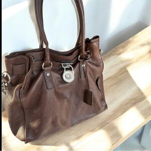 Michael Kors Hamilton Satchel – Brown Leather, Silver Chain, Padlock Detail